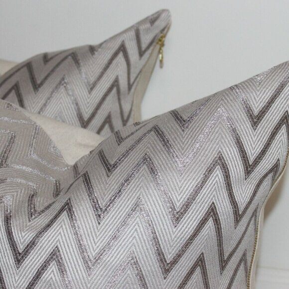 Decorative Zig Zag Pillow Cover, 2pc Grey Printed Cover w/ Brass Metal Zipper - Picture 4 of 6